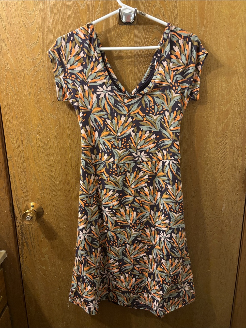 Pact Floral Organic Cotton Dress with Orange and Green Leaves-SIZE M-16x36